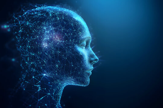 Abstract illustration of AI visualization. dark blue background. a face consisting of glowing digital lines and dots. artificial intelligence. technology and data network. futuristic atmosphere