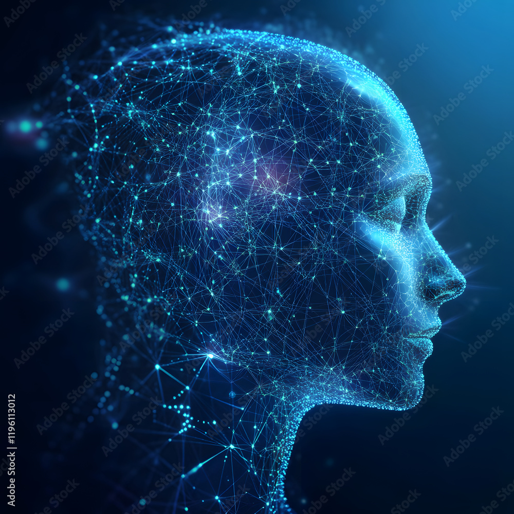 Poster abstract illustration of ai visualization. dark blue background. a face consisting of glowing digita