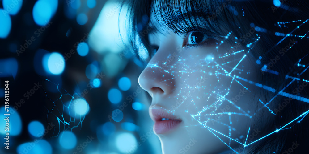Poster image of a girl with a hologram of a digital network and connections. technological design. interact