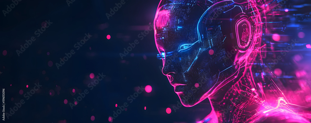 Poster abstract illustration of ai visualization. dark blue background. a face consisting of glowing digita
