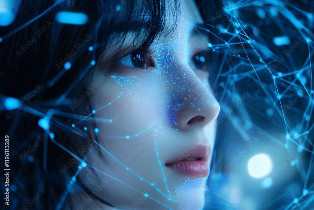 Poster image of a girl with a hologram of a digital network and connections. technological design. interact