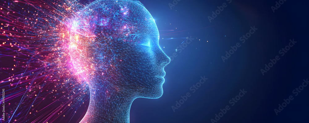 Poster abstract illustration of ai visualization. dark blue background. a face consisting of glowing digita