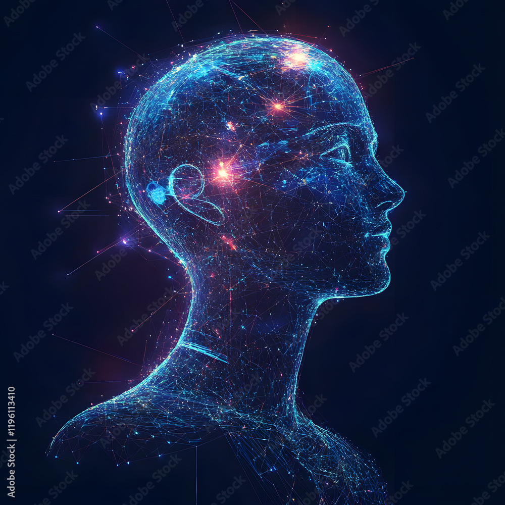 Poster abstract illustration of ai visualization. dark blue background. a face consisting of glowing digita