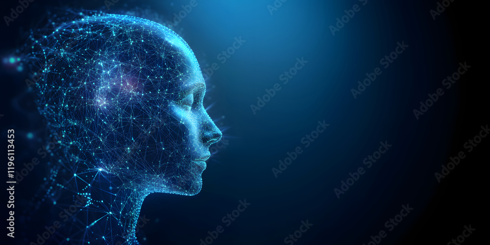 Poster abstract illustration of ai visualization. dark blue background. a face consisting of glowing digita