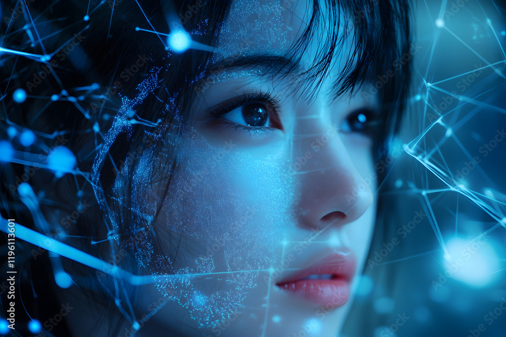 Poster image of a girl with a hologram of a digital network and connections. technological design. interact