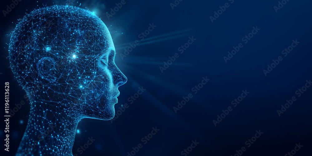 Poster abstract illustration of ai visualization. dark blue background. a face consisting of glowing digita