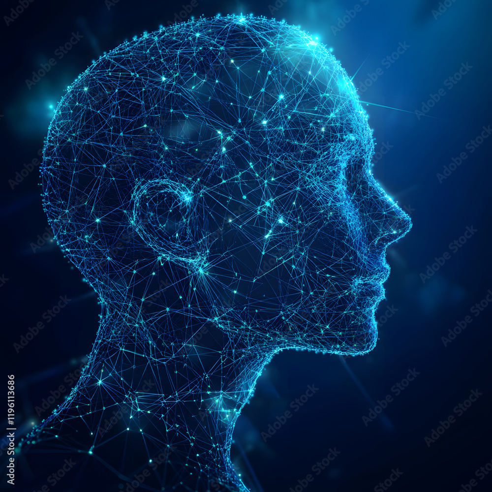 Poster abstract illustration of ai visualization. dark blue background. a face consisting of glowing digita