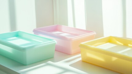 Pastel Colored Plastic Storage Boxes on White Surface