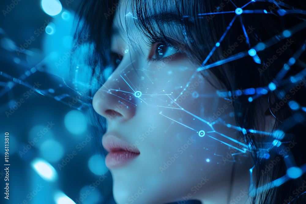 Poster image of a girl with a hologram of a digital network and connections. technological design. interact