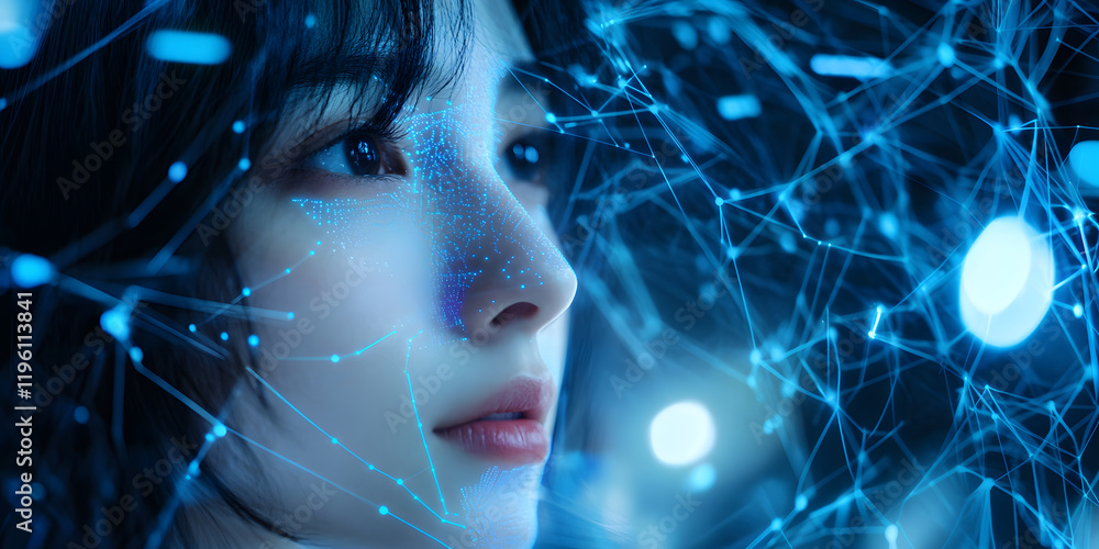 Poster image of a girl with a hologram of a digital network and connections. technological design. interact