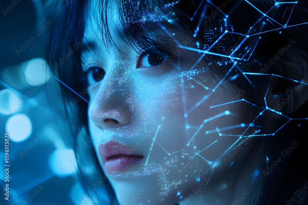 Poster image of a girl with a hologram of a digital network and connections. technological design. interact