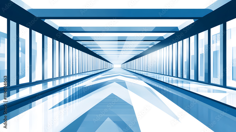 Poster a sleek, modern corridor with blue geometric patterns and reflective surfaces, creating a sense of d