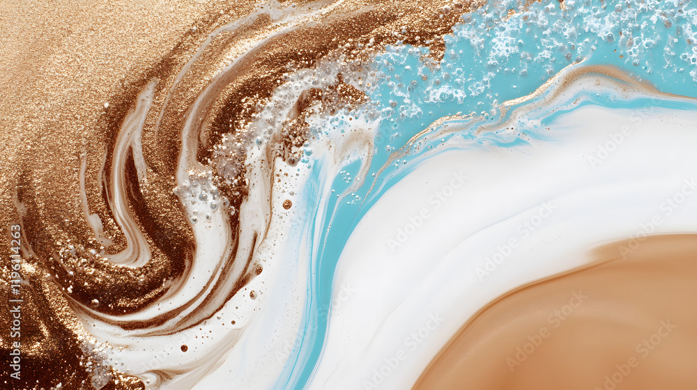 Poster a mesmerizing abstract swirl of gold, blue, and white, creating a stunning visual effect reminiscent