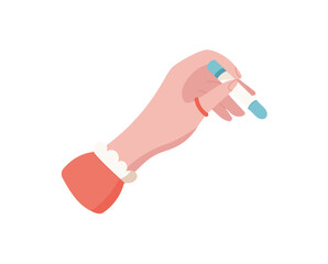 Female hand hold sticker. Human hand with chalk in a flat style. Gesture of holding an item, flat cartoon design, suitable for educational or creative projects.