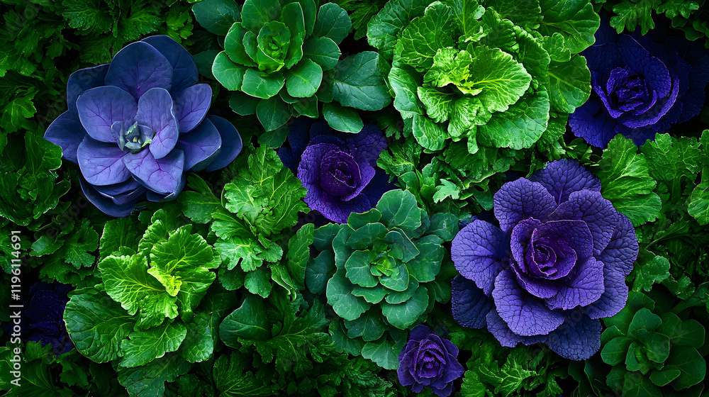 Poster a vibrant arrangement of leafy plants showcases rich greens and purples, creating a visually strikin