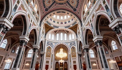 Fototapeta premium Elegant mosque interior with intricate Islamic patterns, grand arches, and serene ambiance, embodying spiritual beauty and architectural excellence.