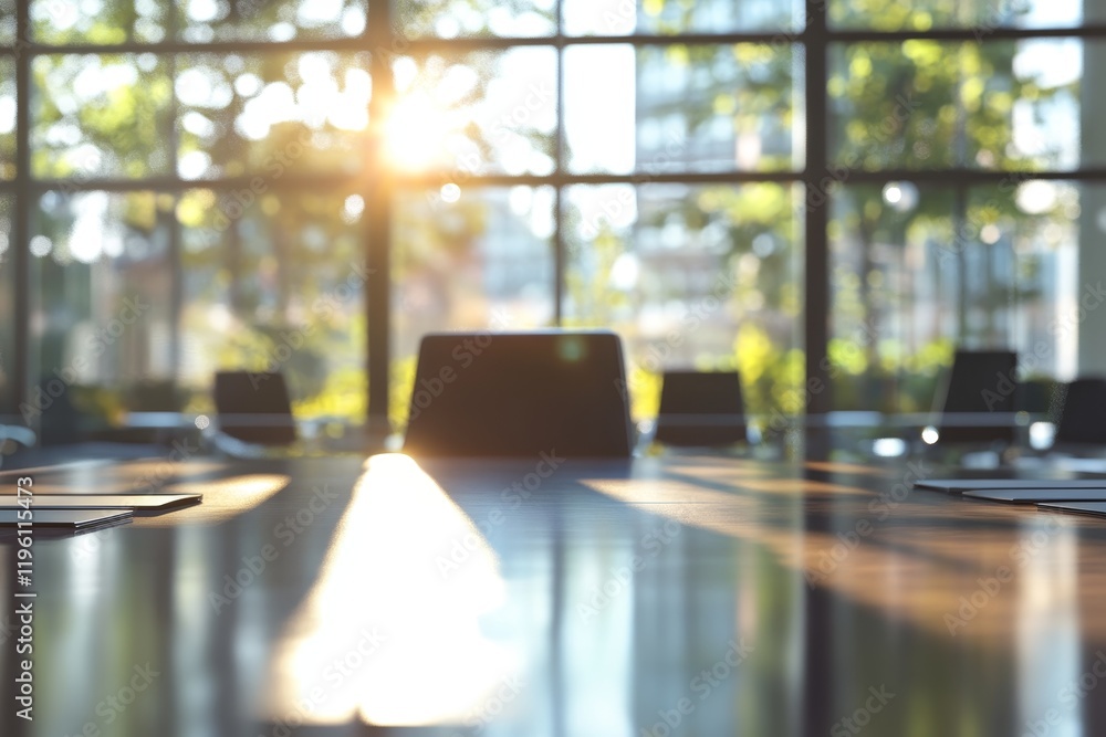 Poster sunlit empty conference room with large window.