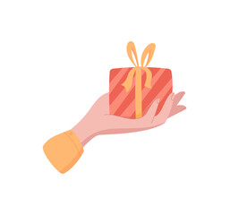 Hand holding gift box. Female character gives a present with a warm gesture. Cute cartoon graphic style, sticker design, perfect for greeting cards or gift graphics.