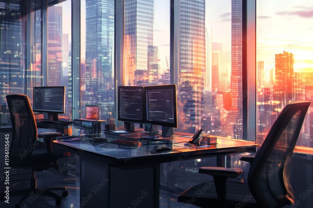 Poster Sunrise cityscape view from modern office with dual monitors displaying code.