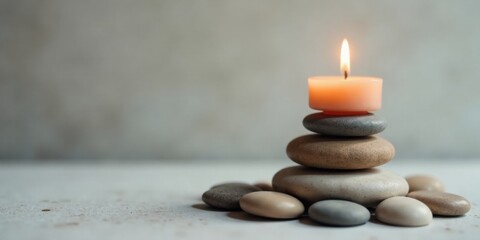 Obraz na płótnie Canvas Serene ambiance featuring a burning candle atop a carefully balanced stack of smooth stones, surrounded by additional stones on a neutral surface.