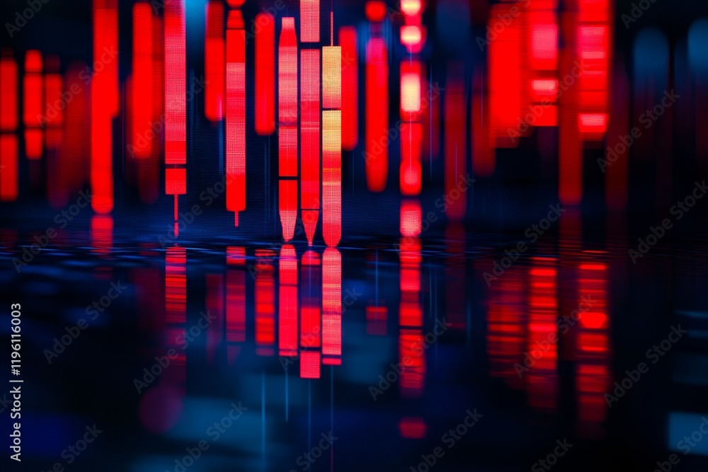 Poster Abstract red and blue digital data stream reflecting on a dark surface.
