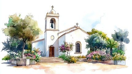 Wedding clip art, watercolor painting of a Catholic church on white. 