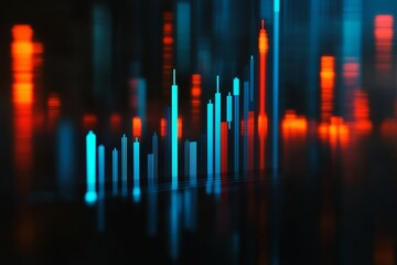 Abstract city skyline with glowing skyscrapers, depicting financial data or stock market trends.