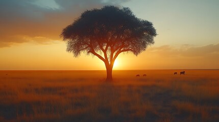 Solitary acacia tree silhouetted against a vibrant sunset over a vast savanna with grazing animals in the distance.
