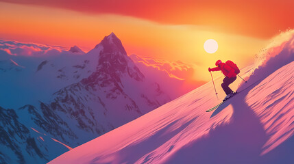 Skier descending mountain slope at sunset. Windspire. Illustration