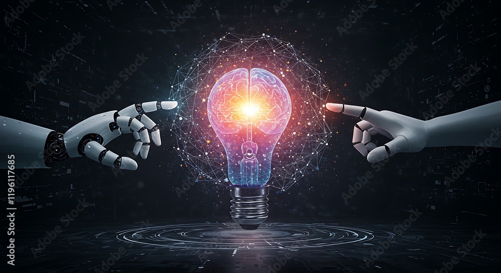 Poster ai, machine learning, hands of robot and human touch on big data network, brain data creative in lig