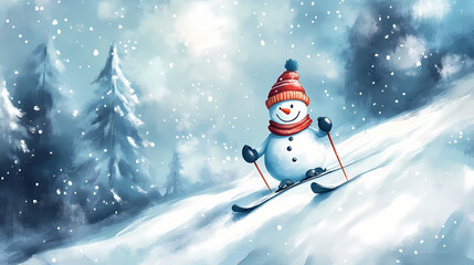 Fototapeta premium Snowman skiing downhill, snowy landscape, dynamic design, watercolor style. Windspire. Illustration