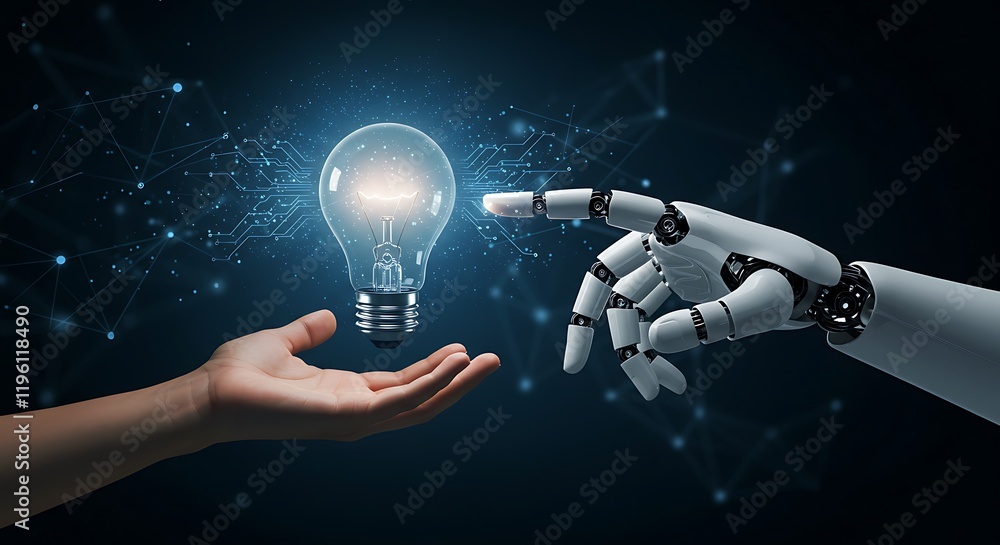 Poster ai, machine learning, hands of robot and human touch on big data network, brain data creative in lig