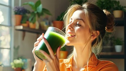 In a contemporary kitchen, a young woman wearing an orange shirt is sipping a nutritious green beverage.