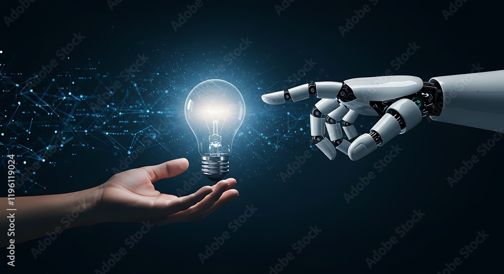 Poster ai, machine learning, hands of robot and human touch on big data network, brain data creative in lig