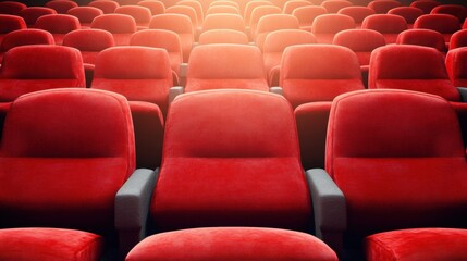 Fototapeta premium Rows of plush red seats sit unoccupied in a dimly lit theater, awaiting eager audiences for an immersive film experience