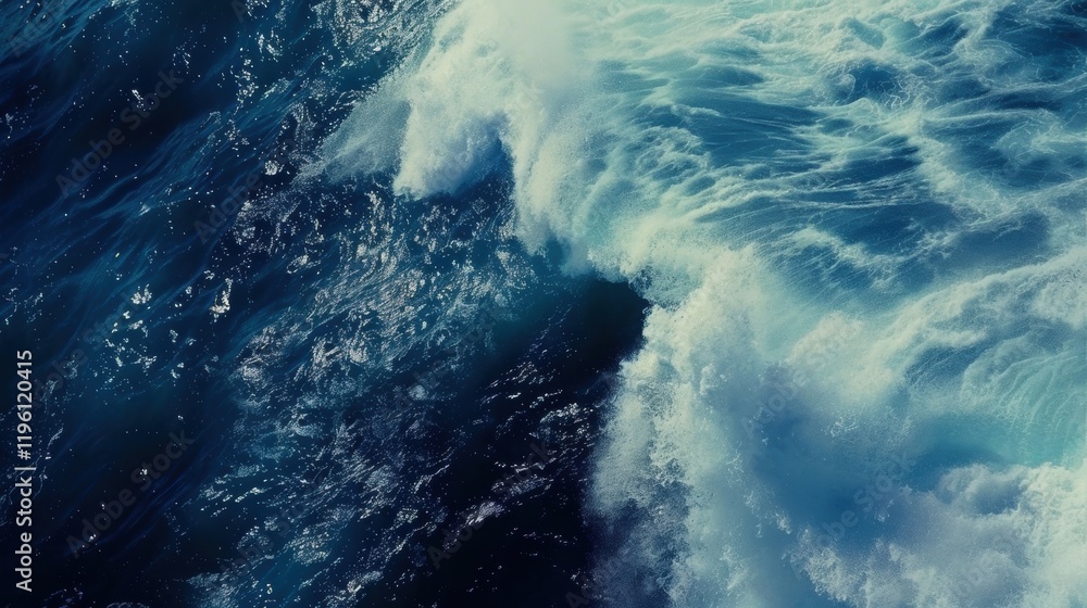 Poster a powerful ocean wave crashes against the rocks, creating a spectacular display of foam and spray as