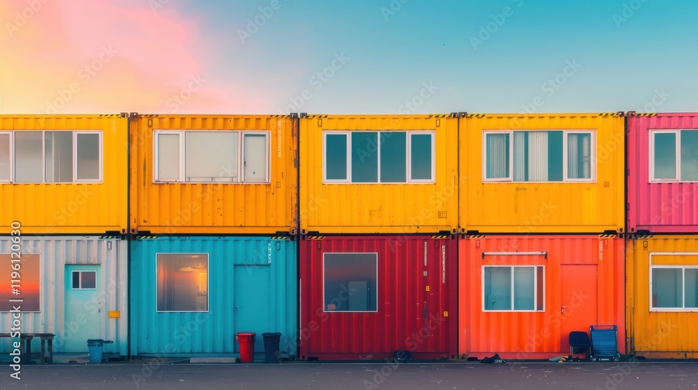 Poster brightly colored shipping containers stand in a row against a sunset sky, showcasing an array of hue