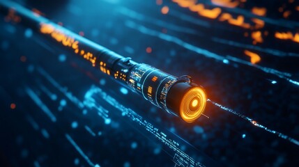 Futuristic rocket in digital space with data streams background