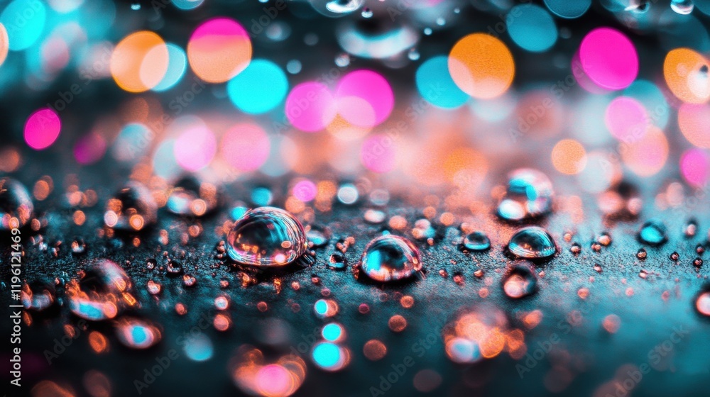 Poster bright, colorful bokeh lights reflect off wet surfaces, creating a captivating visual effect during 