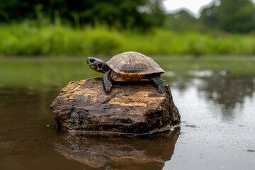 Fototapeta premium Small turtle on a rock in a pond