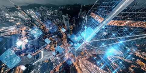 Abstract concept of Hong Kong's cityscape at night, overlaid with digital network data streams.  A futuristic vision of urban connectivity.