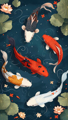 Vector illustration of koi fish, simple flat style with simple lines, on a blue background with lotus leaves and water lilies in the corners. Each koi fish is in a different color, depicted in a top-d