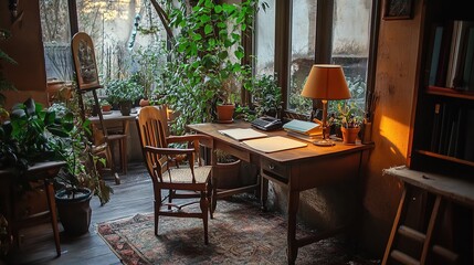 Obraz premium Cozy Home Office Setup with Wooden Furniture and Green Plants