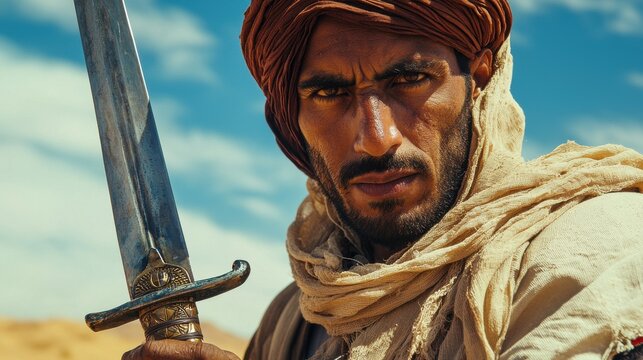 Yemeni Man in Traditional Attire Holding a Jambiya Dagger Against a Sunlit Desert Landscape
