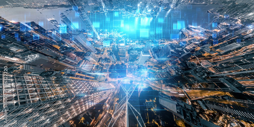 Poster abstract concept depicting a futuristic hong kong cityscape, interwoven with digital data streams an