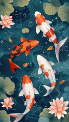 Vector illustration of koi fish, simple flat style with simple lines, on a blue background with lotus leaves and water lilies in the corners. Each koi fish is in a different color, depicted in a top-d