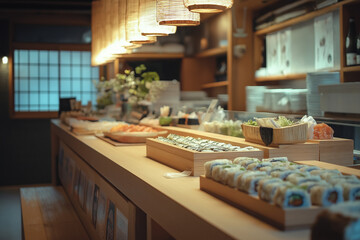 Vacant Sushi Bar Counter in a Restaurant with Ingredients Ready for Use