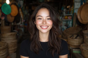 Fototapeta premium Smiling young woman in a black shirt