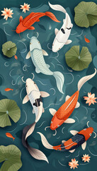 Vector illustration of koi fish, simple flat style with simple lines, on a blue background with lotus leaves and water lilies in the corners. Each koi fish is in a different color, depicted in a top-d