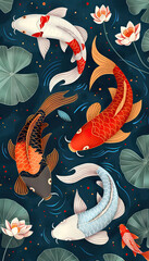 Vector illustration of koi fish, simple flat style with simple lines, on a blue background with lotus leaves and water lilies in the corners. Each koi fish is in a different color, depicted in a top-d